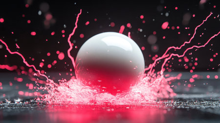 A captivating image of a white sphere causing dynamic splashes in water, enhanced by vibrant light effects, showcasing beauty and energy in motion.の素材