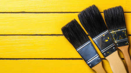 Three paint brushes arranged on a bright yellow wooden surface, perfect for showcasing creativity in painting or DIY projects. Ideal for art and renovation themes.の素材