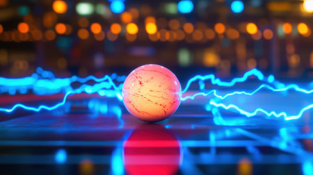 A vibrant sphere emits electric energy amidst a colorful background, creating a dynamic visual effect. Perfect for themes of technology and creativity.の素材
