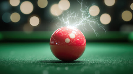 A striking image of a red pool ball emitting electric energy on a green table, creating a dynamic and visually stunning effect perfect for sports themes.の素材
