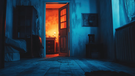 A captivating view of a dimly lit room with an open doorway, radiating a warm orange glow contrasted by cool blue tones, creating an intriguing atmosphere.の素材