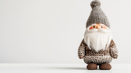 A charming knitted Santa toy stands against a plain background, perfect for adding a touch of festive cheer to any space during the holiday season.の素材