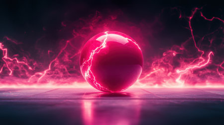 This captivating image features a glowing pink sphere set against a dynamic background of electric lightning. Perfect for projects focused on energy and modern design.の素材