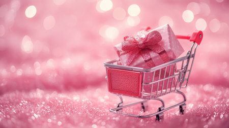 A charming scene featuring a glittery pink background with a shopping cart holding a beautifully wrapped gift, perfect for conveying joy and celebration.の素材
