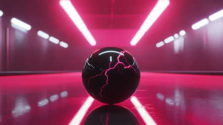 A striking black sphere featuring vivid lightning effects rests in a modern, neon-lit space. The interplay of light and dark creates a captivating atmosphere.の素材