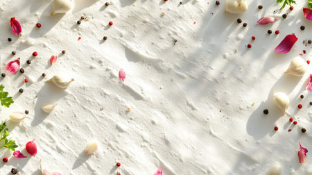 A vibrant flat lay of colorful culinary ingredients featuring garlic, herbs, and floral petals on a clean white surface, perfect for food-themed projects.の素材