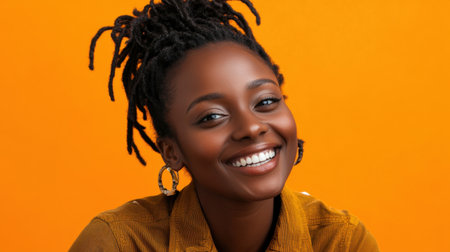A joyful woman smiles brightly against a vibrant orange background, capturing pure happiness and confidence. Ideal for lifestyle and beauty themes.の素材