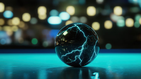 A captivating electric sphere with vibrant glow reflects on a smooth surface. The dynamic bokeh background enhances the visual energy, creating an artistic atmosphere.の素材