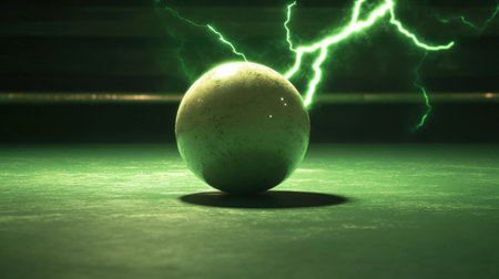 A captivating electric green sphere emits vibrant lightning bolts against a dark background, creating a dynamic and surreal atmosphere ideal for various creative projects.の素材