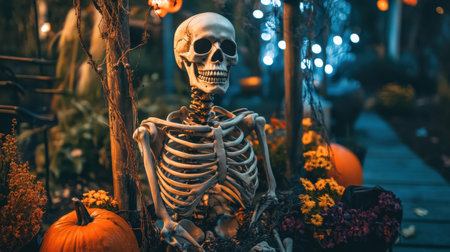 A spooky skeleton sits among colorful flowers and pumpkins, creating an eerie yet festive atmosphere perfect for Halloween celebrations. Ideal for autumn-themed imagery.の素材