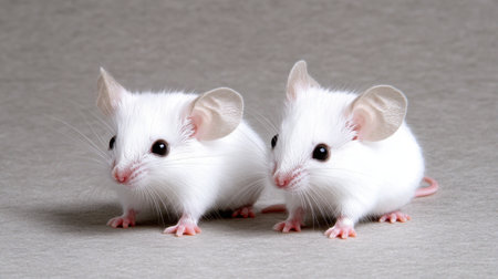 Two adorable white mice with big ears and bright eyes sit closely together against a soft background, showcasing their playful and curious nature.の素材