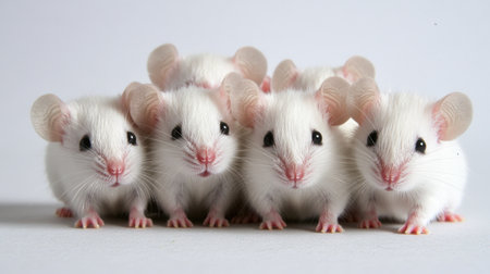 A charming group of white mice with soft fur standing together on a white background. Perfect for themes of innocence, playfulness, and nature.の素材