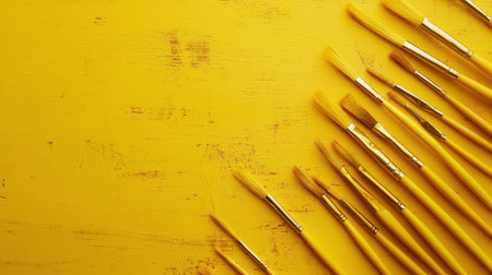 A collection of yellow paint brushes arranged on a vivid yellow surface, perfect for showcasing artistic tools and creativity in a vibrant setting.の素材