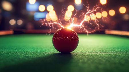 A vibrant pool ball radiates electric energy with sparks, set against a green table. The scene captures the thrill of gameplay in an engaging night atmosphere.の素材