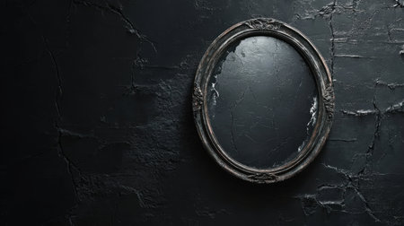 An elegant vintage mirror sits on a dark textured wall, creating a striking contrast with its antique frame and empty reflection, perfect for artistic interiors.の素材