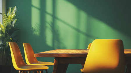 A modern workspace featuring a bright green wall and striking yellow chairs, bathed in soft sunlight and shadows, ideal for creativity and relaxation.の素材