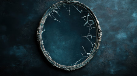 A captivating image of a cracked mirror set against a dark, textured background. The vintage frame enhances the eerie atmosphere, conveying themes of distortion and mystery.の素材