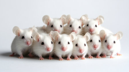 A charming collection of white mice gathered together, showcasing their playful nature and delicate features against a simple light backdrop. Ideal for various contexts.の素材