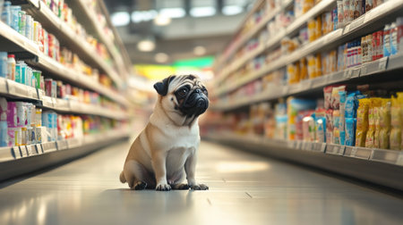 A charming pug sits in the aisle of a grocery store, surrounded by vibrant products. This image captures the playful spirit of pets exploring urban environments.の素材