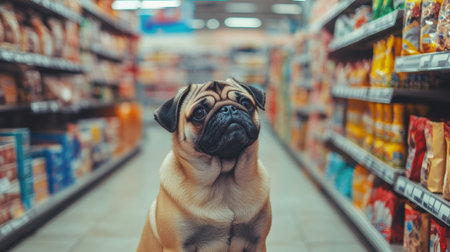 A charming pug dog sits in a supermarket aisle, surrounded by colorful pet food products. Its curious expression captures the joy of shopping with pets.の素材