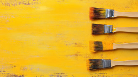 This image showcases four paintbrushes resting on a vibrant yellow background, perfect for art-related projects or creative inspiration.の素材