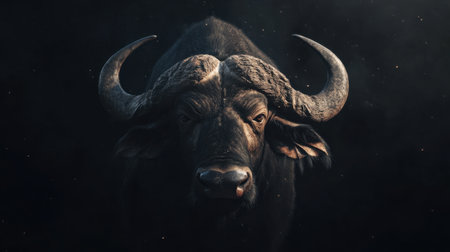 The image showcases a majestic buffalo with prominent horns, staring intensely against a dark background, capturing the essence of wildlife power and beauty.の素材
