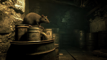 A solitary rat perches on stacked barrels in a dim warehouse. The moody lighting and textured surfaces create an atmosphere of mystery and exploration.の素材