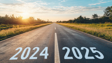 A serene road stretches toward the horizon, marked with the years 2024 and 2025, symbolizing future journeys and new beginnings under a beautiful sunset.の素材