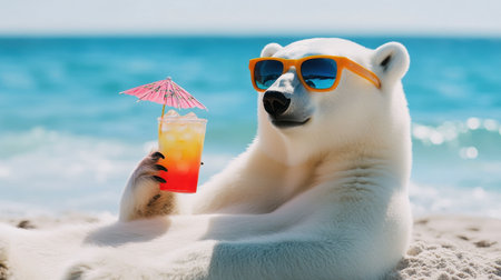 A polar bear relaxes at the beach, wearing sunglasses and sipping a colorful drink. This whimsical scene captures the essence of summer fun and leisure by the ocean.の素材