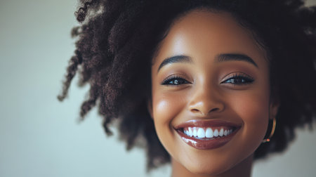 A joyful portrait of a smiling woman with curly hair, radiating happiness and confidence. Her cheerful expression showcases beauty and warmth in a close-up shot.の素材
