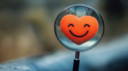A vibrant orange heart with a smile is viewed through a magnifying glass, highlighting themes of love and happiness. The soft texture adds warmth.の素材