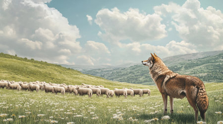 A coyote stands watch over a flock of sheep in a vibrant pasture. The serene landscape features rolling hills and fluffy clouds, highlighting nature's harmony.の素材