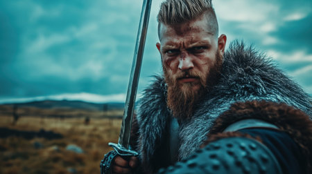 A fierce warrior stands with a sword, embodying strength and courage. The dramatic landscape sets the stage for an epic adventure, capturing history and valor.の素材