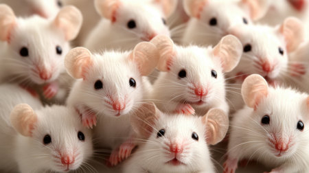 A charming close-up of tiny white mice with pink noses and ears, showcasing their adorable expressions and playful nature. Perfect for animal lovers.の素材