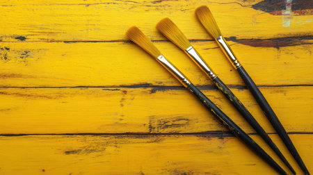 Three paint brushes lay on a vibrant yellow wooden surface, representing artistic tools perfect for creative projects and vibrant designs.の素材