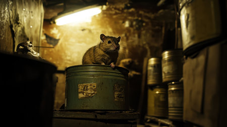 A curious rodent perches atop a canister in a dimly lit storage area, embodying stillness and alertness in a rustic and forgotten environment.の素材