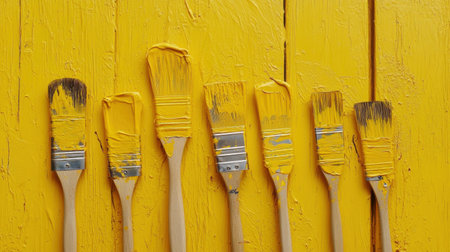 A vibrant display of paint brushes coated in yellow paint on a wooden surface, perfect for artistic, DIY, or renovation projects. Ideal for creative inspiration.の素材