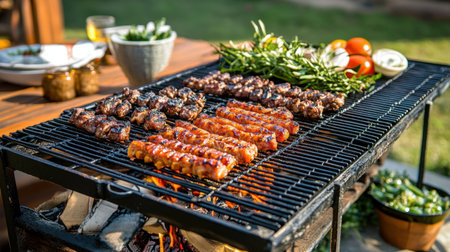 A vibrant outdoor barbecue setup featuring freshly grilled meat and vegetables on a blackened grill over glowing embers. Perfect for summer gatherings.の素材
