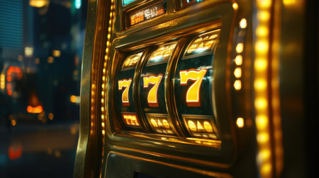 A vibrant close-up of a slot machine displaying lucky sevens, capturing the essence of casino excitement and the thrill of the spin in a colorful environment.の素材