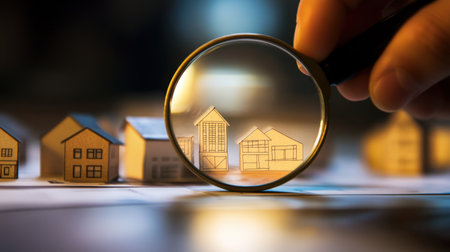 A hand holds a magnifying glass over miniature model homes, emphasizing detail and design in architecture and planning. Perfect for real estate themes.の素材
