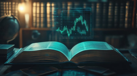 An open book on a desk creates a unique blend of traditional learning and modern data analysis, featuring a graph overlay against a library backdrop.の素材