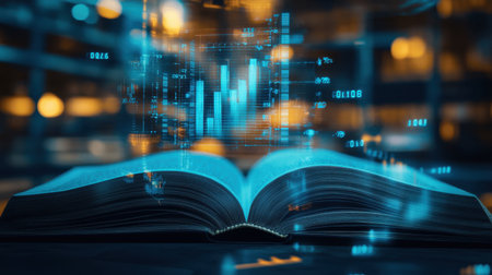 An open book displaying digital data visualization with glowing graphs and statistics, symbolizing the fusion of literature and technology in modern education.の素材