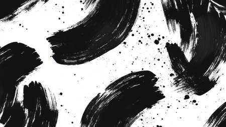 This abstract image features bold black brushstrokes and splatters against a crisp white background, perfect for artistic design projects and modern decor.の素材