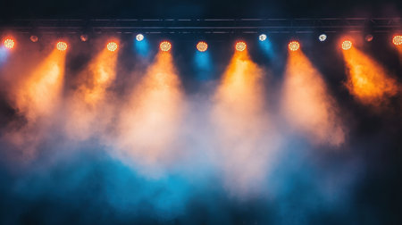 Vibrant stage lights shine through a foggy atmosphere, creating a dynamic and colorful backdrop for music performances and events, enhancing the experience.の素材