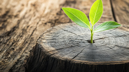 A fresh green plant emerges from a wooden log, symbolizing renewal and growth. This serene image captures the essence of nature and sustainability, perfect for various themes.の素材