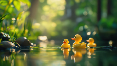 Three playful yellow rubber ducks float gently in a tranquil pond, surrounded by lush greenery and soft sunlight, creating a serene outdoor scene.の素材