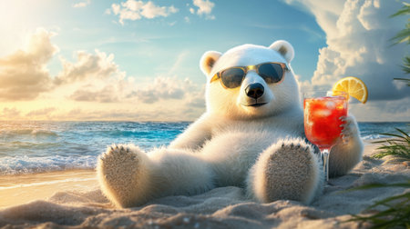 A whimsical polar bear relaxes on a beach with sunglasses and a cocktail, embodying the essence of summer fun and leisure in a vibrant seaside setting.の素材