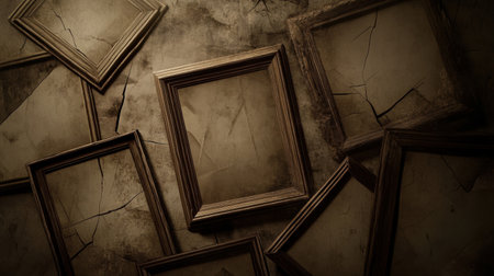 A collection of vintage empty frames arranged on a cracked grungy wall, offering a unique visual for artistic projects and design inspiration.の素材