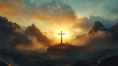 A breathtaking scene featuring a cross at sunrise amidst majestic mountains. The gentle fog and soft light create a tranquil and spiritual atmosphere.の素材