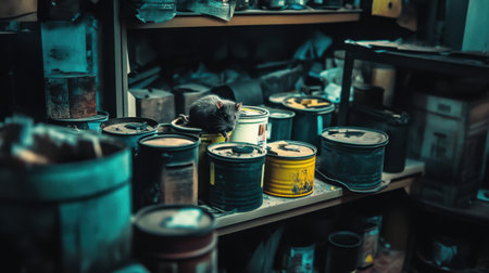 A curious rat perches atop a can in a cluttered workshop filled with tools and paint cans, capturing an intriguing moment in an urban environment.の素材